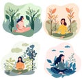A woman meditates in a yoga lotus position surrounded by leaves and flowers. Concept of yoga practice, meditative