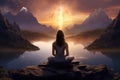 Woman meditates in yoga pose, sitting with her back amid serene cosmic landscape. Concept of deep connection with the