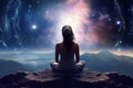 Woman meditates in yoga pose, sitting with her back amid serene cosmic landscape. Spiritual development. Concept of deep