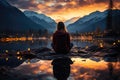 A Woman Meditating Against A Backdrop Of A Breathtaking Aurora Borealis. Generative AI