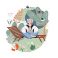 Woman meditating in green summer nature garden, girl sitting on lounge in lotus position