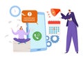 Woman meditating on paperwork, man with megaphone and phone notification. Deadline stress and work-life balance vector