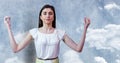 Woman Meditating peaceful by cloud wall