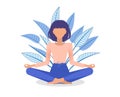 Woman meditating in plant leaves. Girl in lotus pose practicing yoga. Concept illustration of relaxing.