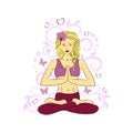 Woman in meditating pose with closed eyes. Welcome gesture of hands. Namaste mudra.