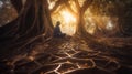 Woman meditating and praying in an ancient forest, sitting among trees with powerful roots, in golden sunlight. Generative AI