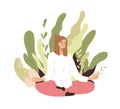 Woman meditating and relaxing in nature. Peaceful person practicing yoga, spiritual meditation in zen lotus pose