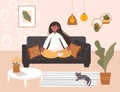 Woman meditating in the room among plants and cat. Mindful breathing for relaxation and stress relief. Lady is sitting