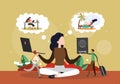 Woman meditating with laptop and passport in hands, vector illustration. Thoughts about office work and beach vacation.