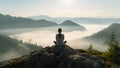 A woman meditating on top of mountain and looking at misty valley