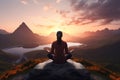 Woman meditating on the top of the mountain at sunset,3d render, Female meditating on top of a mountain with beautiful sunset Royalty Free Stock Photo