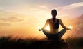 Woman meditating yoga at sunset mountains with nature. Outdoor s