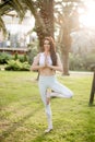 Attractive woman doing yoga tree pose, balancing on one leg, with raised hands. Royalty Free Stock Photo