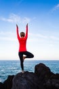 Woman meditating in yoga vrksasana tree pose Royalty Free Stock Photo