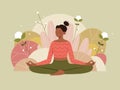 Woman in meditation pose on nature background with leaves. Concept illustration for yoga, meditation Royalty Free Stock Photo