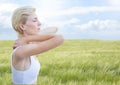 Woman meditative calm relaxing by nature field Royalty Free Stock Photo