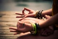 Woman in a meditative yoga position closeup outdoor