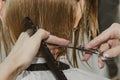 Woman with medium long blonde hair. With a short haircut at the hairdresser at the stylist using scissors. Care procedures. The Royalty Free Stock Photo