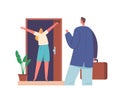 Woman Meet Man Returning At Home After Work Or Trip. Characters Appear Happy And Excited, Ready To Embracing Each Other