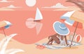 Woman meeting sunset on the beach vector flat illustration. Summer vacation, enjoy holidays at sea resort.