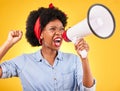 Woman, megaphone and protest, voice or news and broadcast or announcement, fist and yellow background. Angry African