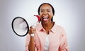 Woman, megaphone and voice for announcement, broadcast or news of sale or discount on white background. Happy portrait