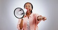 Woman, megaphone and winner choice in announcement, broadcast or join us for opportunity on a white background. Portrait