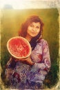 Woman with melon hands in beautiful ornamental dress. Royalty Free Stock Photo