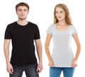 Woman and man in blank template t shirt isolated on white background. Guy and girl in tshirt with copy space and mock up Royalty Free Stock Photo