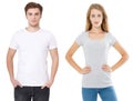 Woman and man in blank template t shirt isolated on white background. Guy and girl in tshirt with copy space and mock up Royalty Free Stock Photo