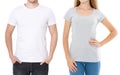 Woman and man in blank template t shirt isolated on white background. Guy and girl in tshirt with copy space and mock up Royalty Free Stock Photo