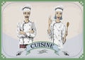 Woman and men caucasian cook chef worker, chef`s jacket cap with