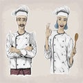 Woman and men caucasian cook chef worker in chef`s jacket cap wi