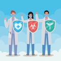 Woman and men doctors with shield against 2019 ncov virus vector design