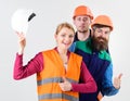 Woman and men holds hard hats. Cheerful collective concept. Royalty Free Stock Photo