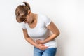 Woman with menstrual pain is holding her aching belly Royalty Free Stock Photo