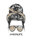 Woman Messy Bun Hairstyle With Retro Flowers Pattern Headband And Glasses Illustration