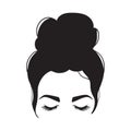 Woman messy bun. Woman silhouette with hair and long eyelashes. Vector illustration