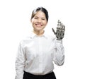 Woman with metal prosthetic hand