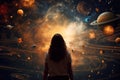 Woman in metaverse looking at our digitally generated solar system. Generative ai image.