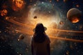 Woman in metaverse looking at our digitally generated solar system. Generative ai image.