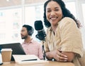 Woman, microphone and radio with smile in portrait, media or press with journalist or DJ, notebook and content creation