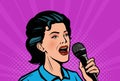 Woman with microphone. Retro comic pop art vector illustration