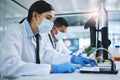 Woman, microscope and lab for research with face mask, analysis and specimen examination with scientists working