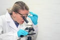 Woman with a microscope. Serious female chemist is working in a laboratory. Scientist researcher using microscope in laboratory Royalty Free Stock Photo