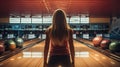 a woman in mid-throw as she releases the bowling ball down the lane, viewed from behind. The composition conveys the Royalty Free Stock Photo