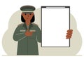 A woman in a military uniform is holding a large clipboard with plenty of space for text. Vector