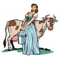 A woman milker cow bucket milk. agriculture village life