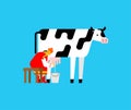 Woman milks cow. Russian female milks cow