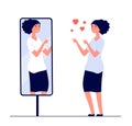 Woman at mirror. mirrored happy girl. cartoon reflected beautiful female narcissism and love of self vector concept